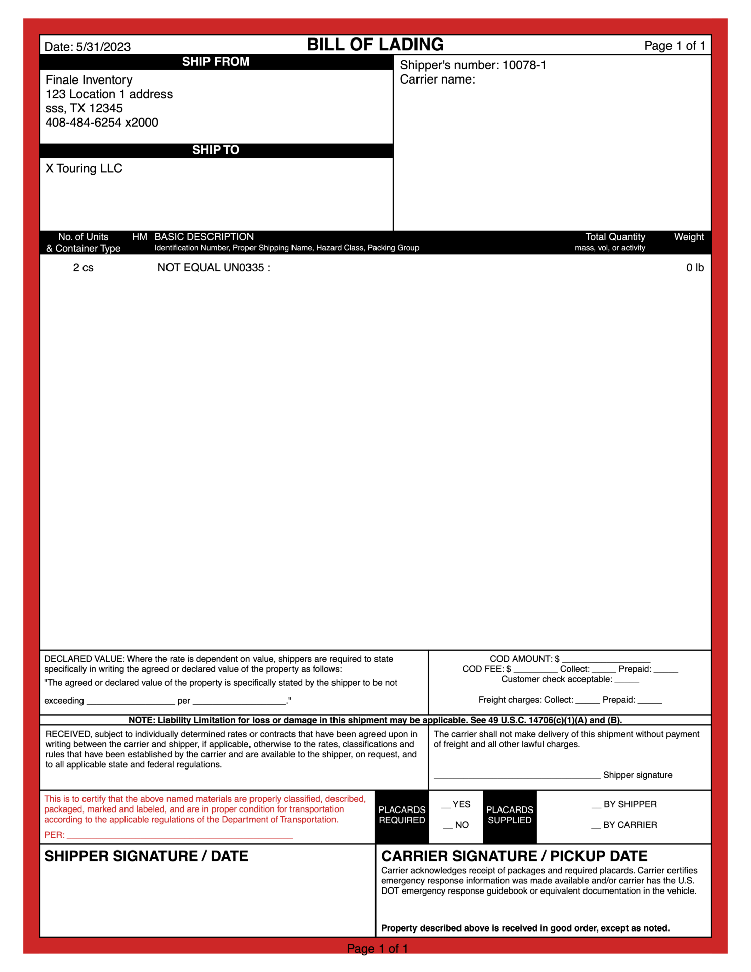 Hazmat bill of lading